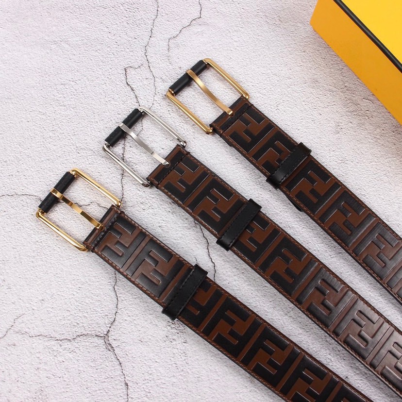 FENDI Designer Belt Men Belts Women Brand Belt Casual Double Sided Belt Width 40mm Logo Design Wide Belt Buckle Type Buckle Brown Calf Leather With Embossed Hand Drawn Black And Brown FF Patterns