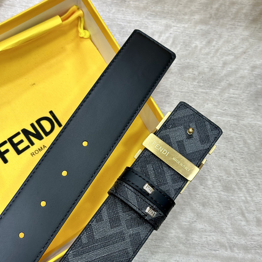 FENDI Designer Belt Men Belts Women Brand Belt Double Loop Front and Back Waist Belt FF Nail Buckle Black Cuoio Romano Leather Material Back Fabric with Tobacco Yellow and Black FF Pattern Black Enamel Metal Finish Versatile Width 4.0 CM And With Box