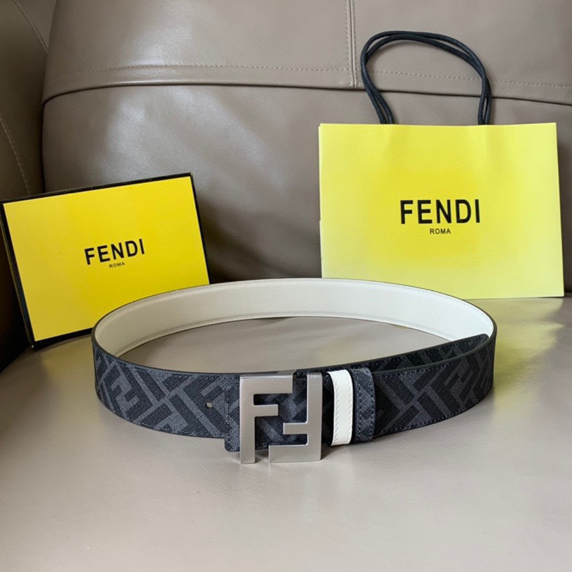 FENDI Unisex Casual Waist Belt Width 4.0cm With White Grain Cowhide Material On Both Sides Fabric Lining With Black And Gray Ff Patterns On The Back Silver Finish FF Metal Buckle