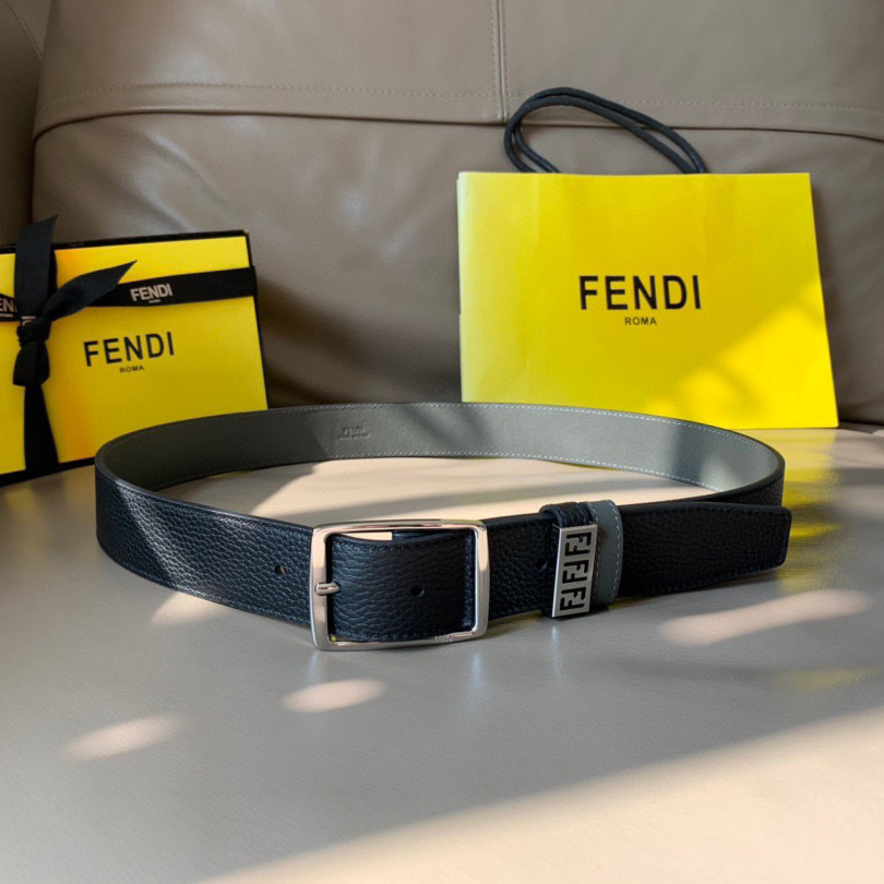 FENDI Men's Casual Needle Buckle Width 3.5cm Belt Comes with Two Belt Rings, One Adorned with Metal Nameplate and Engraved with FF Pattern Two tone Design Black Cuoio Romano Leather Material Gray Calf Inner Lining