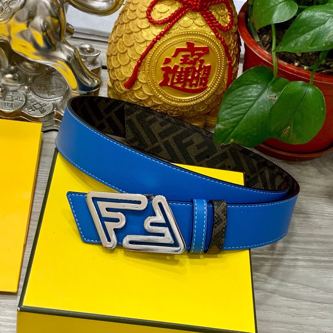 FENDI Unisex Double Ring Front and Back Waistband FF Nail Buckle Double Color Cuoio Romano Leather Material Back Fabric with Tobacco Yellow and Black FF Pattern Black Enamel Metal Finish Fashion Classic Versatile Style Width 4.0cm