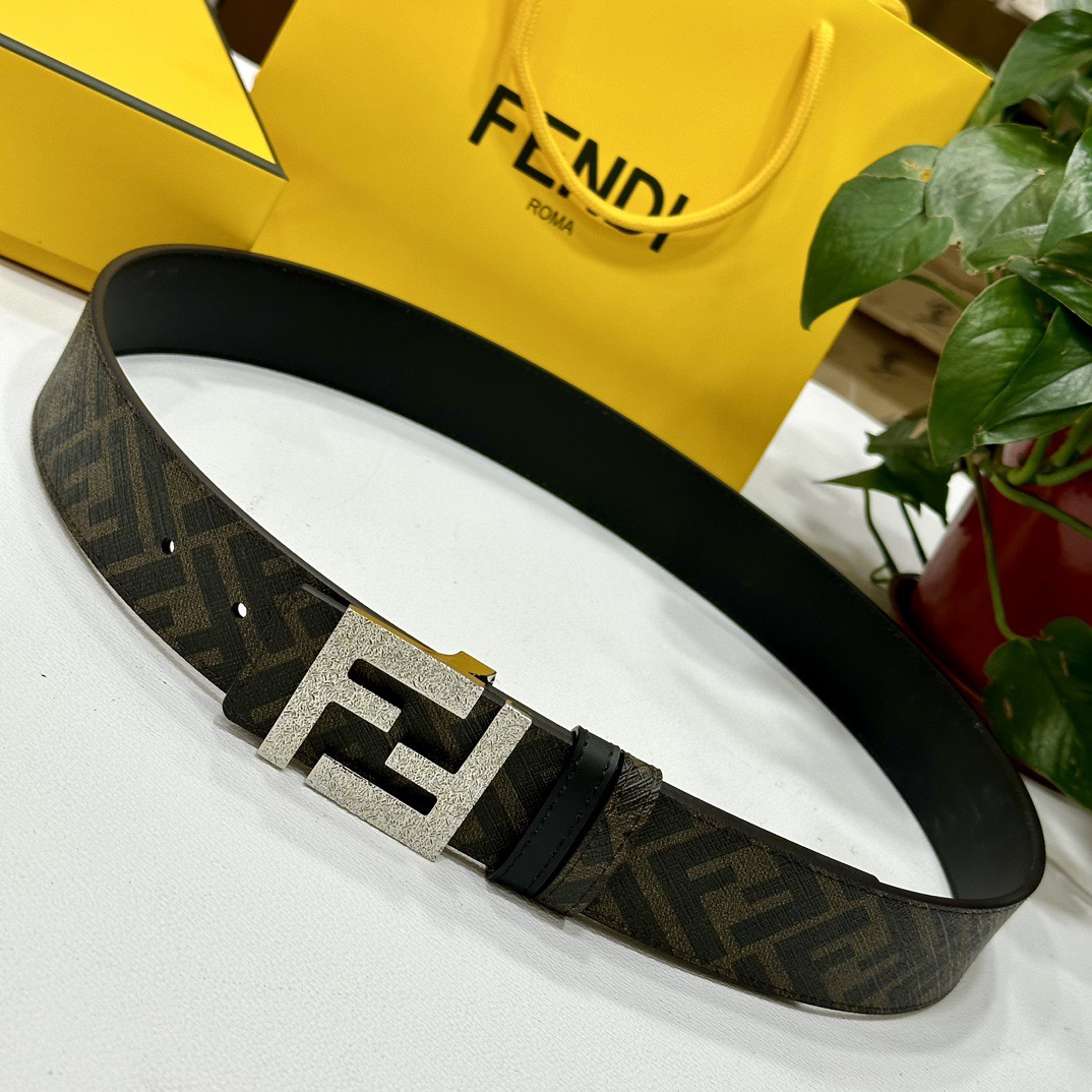 FENDI Designer Belt Men Belts Women Brand Belt Double Loop Front and Back Waist Belt FF Nail Buckle Black Cuoio Romano Leather Material Back Fabric with Tobacco Yellow and Black FF Pattern Black Enamel Metal Finish Versatile Width 4.0 CM And With Box