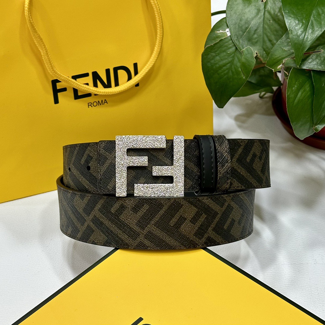 FENDI Designer Belt Men Belts Women Brand Belt Double Loop Front and Back Waist Belt FF Nail Buckle Black Cuoio Romano Leather Material Back Fabric with Tobacco Yellow and Black FF Pattern Black Enamel Metal Finish Versatile Width 4.0 CM And With Box