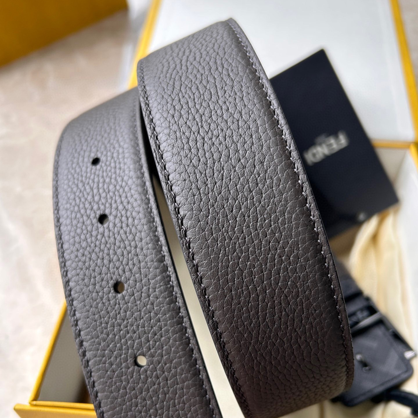 FENDI Men's Casual Double-Sided Belt Width 4.0cm Ff Nail Buckle Grey Cuoio Romano Cowhide Material Fabric Lining Decorated With Gray And Black Ff Patterns FF Fabric Covers Metal Parts