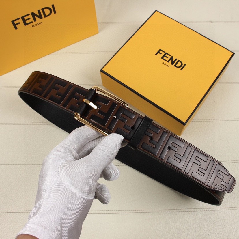 FENDI Designer Belt Men Belts Women Brand Belt Casual Double Sided Belt Width 40mm Logo Design Wide Belt Buckle Type Buckle Brown Calf Leather With Embossed Hand Drawn Black And Brown FF Patterns