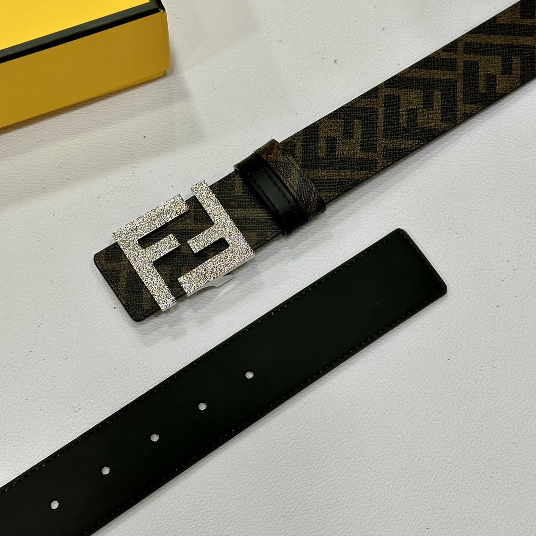 FENDI Designer Belt Men Belts Women Brand Belt Double Loop Front and Back Waist Belt FF Nail Buckle Black Cuoio Romano Leather Material Back Fabric with Tobacco Yellow and Black FF Pattern Black Enamel Metal Finish Versatile Width 4.0 CM And With Box