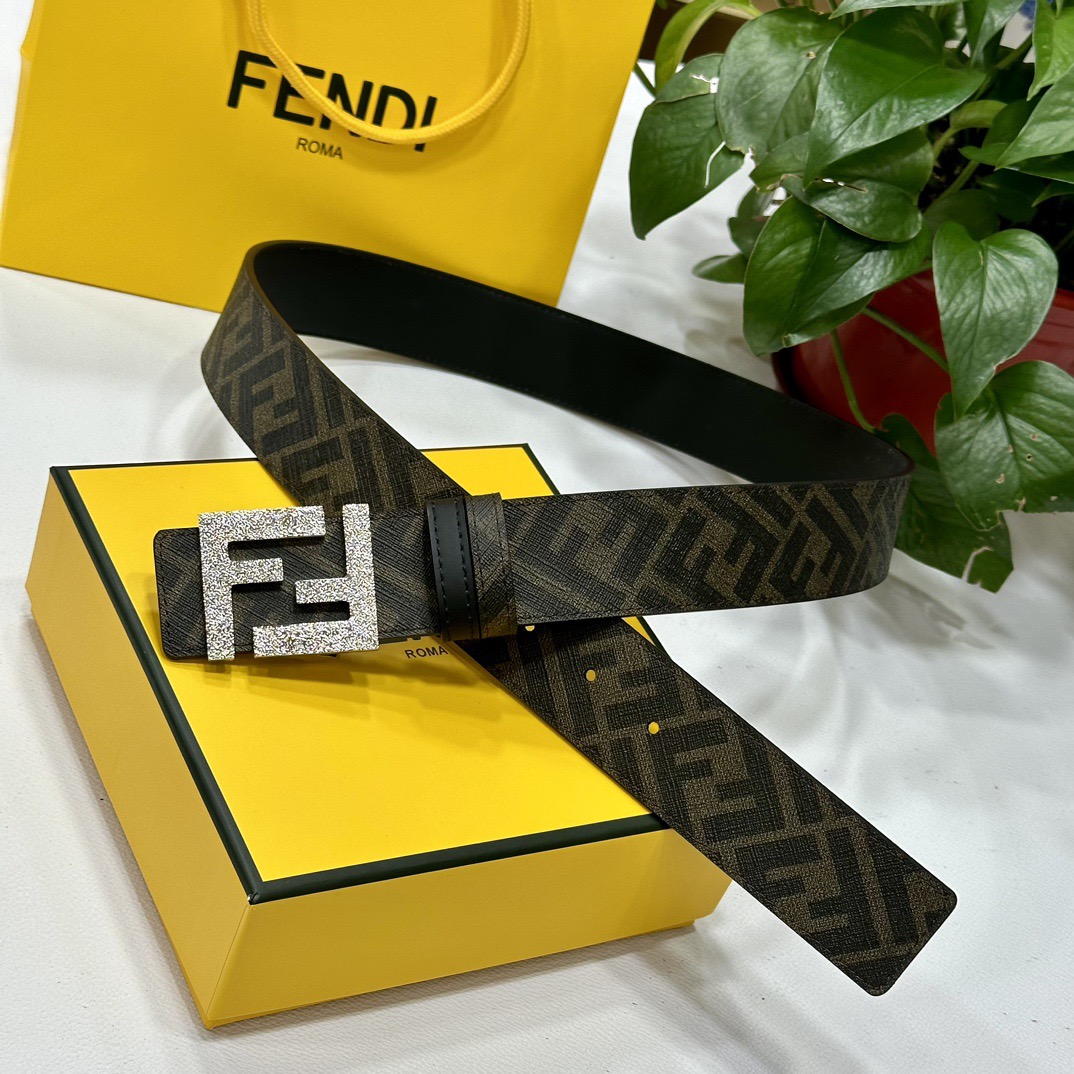 FENDI Designer Belt Men Belts Women Brand Belt Double Loop Front and Back Waist Belt FF Nail Buckle Black Cuoio Romano Leather Material Back Fabric with Tobacco Yellow and Black FF Pattern Black Enamel Metal Finish Versatile Width 4.0 CM And With Box