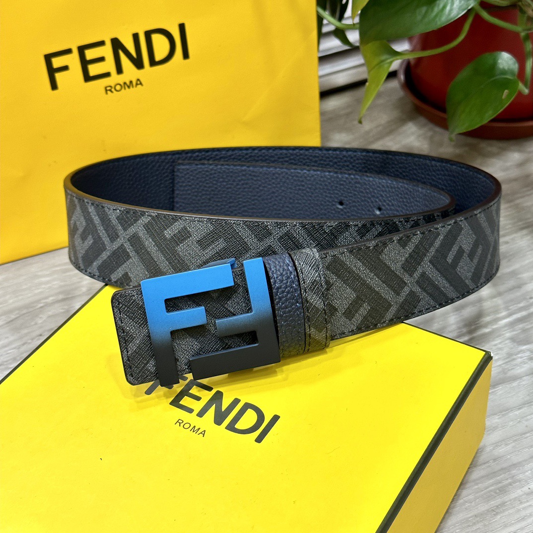 FENDI Designer Belt Men Belts Women's Brand Belt Double Loop Front and Back Belts FF Nail Buckle Grey Cuoio Romano Leather Material Back Fabric with Tobacco Yellow and Black FF Patterns Vacuum Plated Metal Finish Fashion Classic Versatile Style