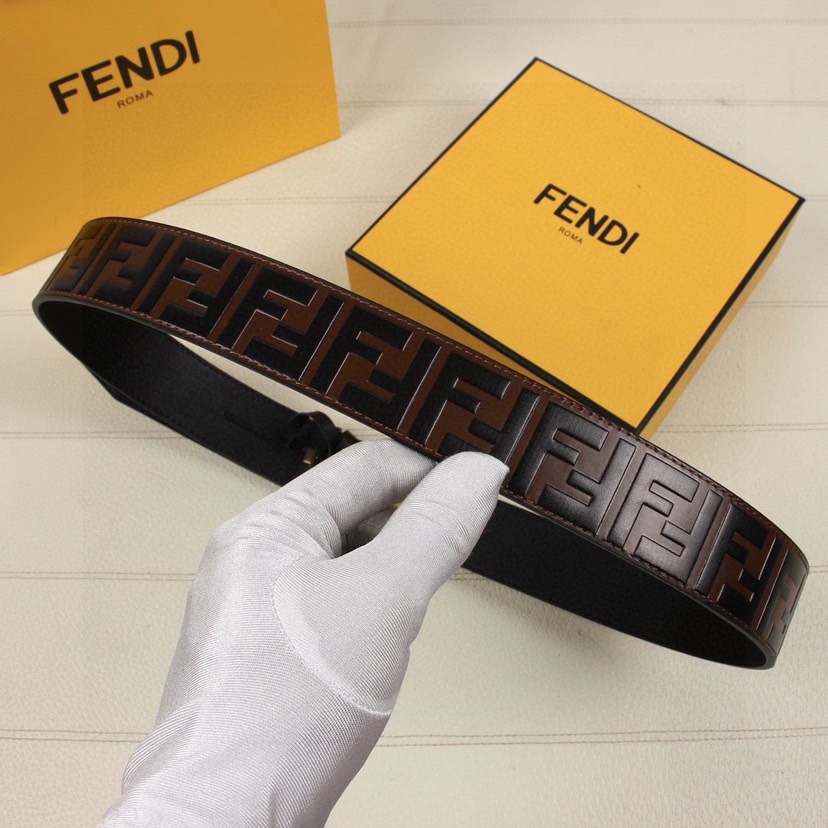 FENDI Designer Belt Men Belts Women Brand Belt Casual Double Sided Belt Width 40mm Logo Design Wide Belt Buckle Type Buckle Brown Calf Leather With Embossed Hand Drawn Black And Brown FF Patterns