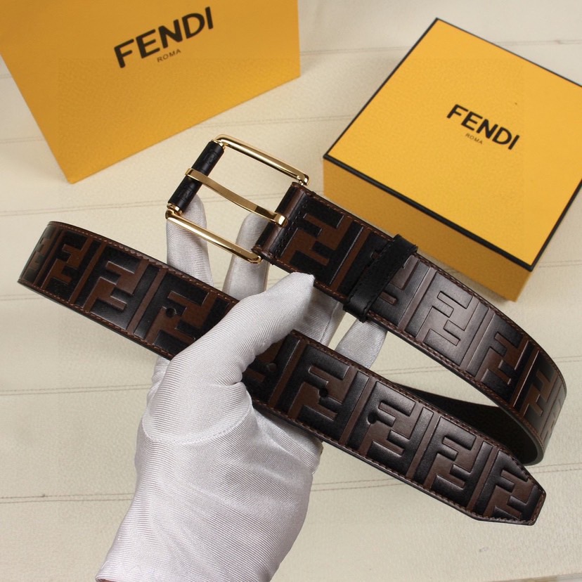 FENDI Designer Belt Men Belts Women Brand Belt Casual Double Sided Belt Width 40mm Logo Design Wide Belt Buckle Type Buckle Brown Calf Leather With Embossed Hand Drawn Black And Brown FF Patterns