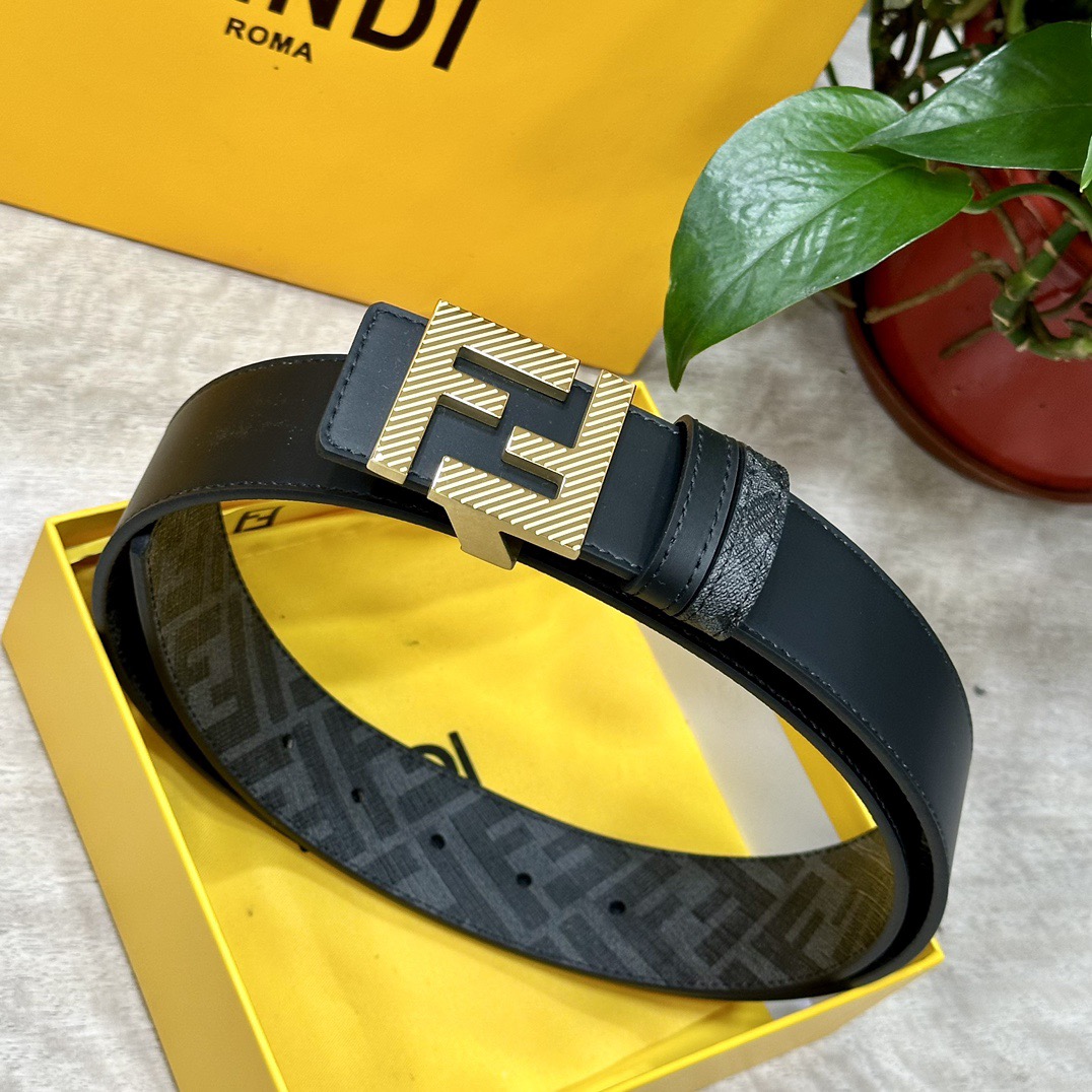 FENDI Designer Belt Men Belts Women Brand Belt Double Loop Front and Back Waist Belt FF Nail Buckle Black Cuoio Romano Leather Material Back Fabric with Tobacco Yellow and Black FF Pattern Black Enamel Metal Finish Versatile Width 4.0 CM And With Box
