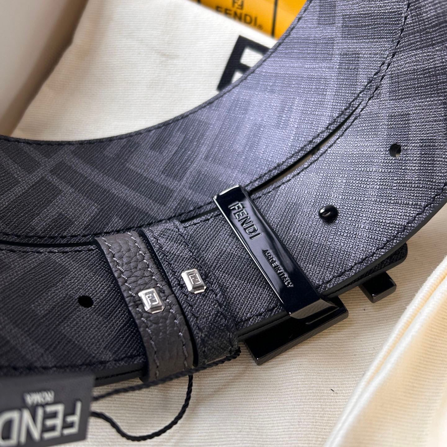 FENDI Men's Casual Double-Sided Belt Width 4.0cm Ff Nail Buckle Grey Cuoio Romano Cowhide Material Fabric Lining Decorated With Gray And Black Ff Patterns FF Fabric Covers Metal Parts