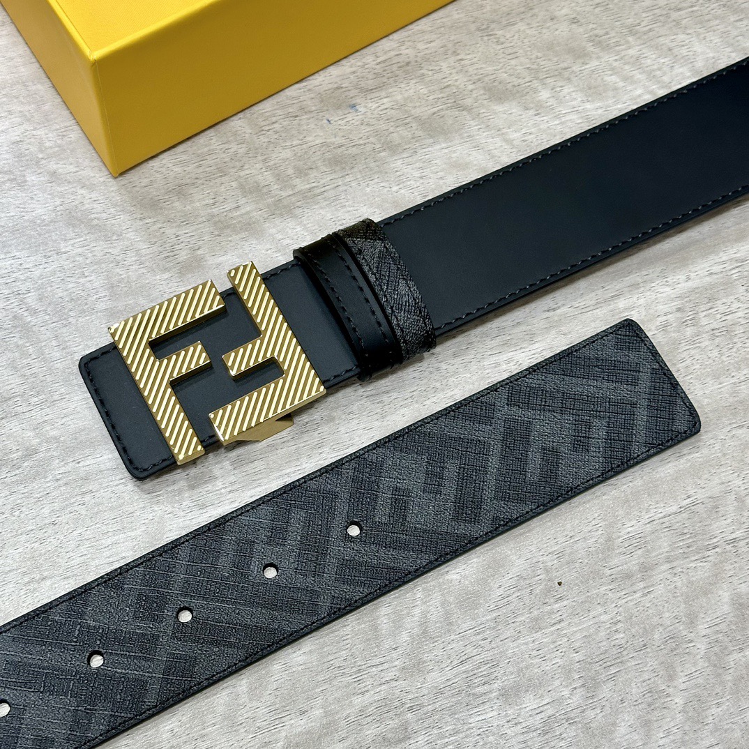 FENDI Designer Belt Men Belts Women Brand Belt Double Loop Front and Back Waist Belt FF Nail Buckle Black Cuoio Romano Leather Material Back Fabric with Tobacco Yellow and Black FF Pattern Black Enamel Metal Finish Versatile Width 4.0 CM And With Box