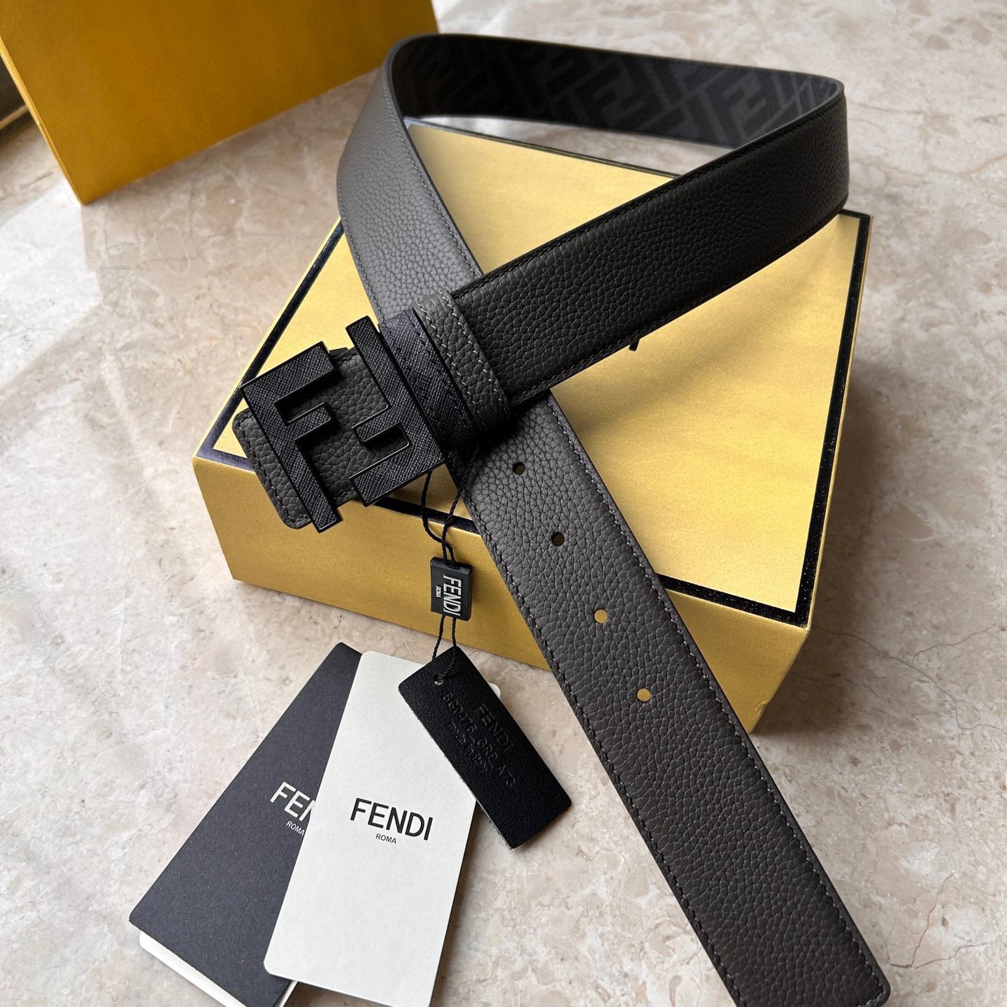 FENDI Men's Casual Double-Sided Belt Width 4.0cm Ff Nail Buckle Grey Cuoio Romano Cowhide Material Fabric Lining Decorated With Gray And Black Ff Patterns FF Fabric Covers Metal Parts