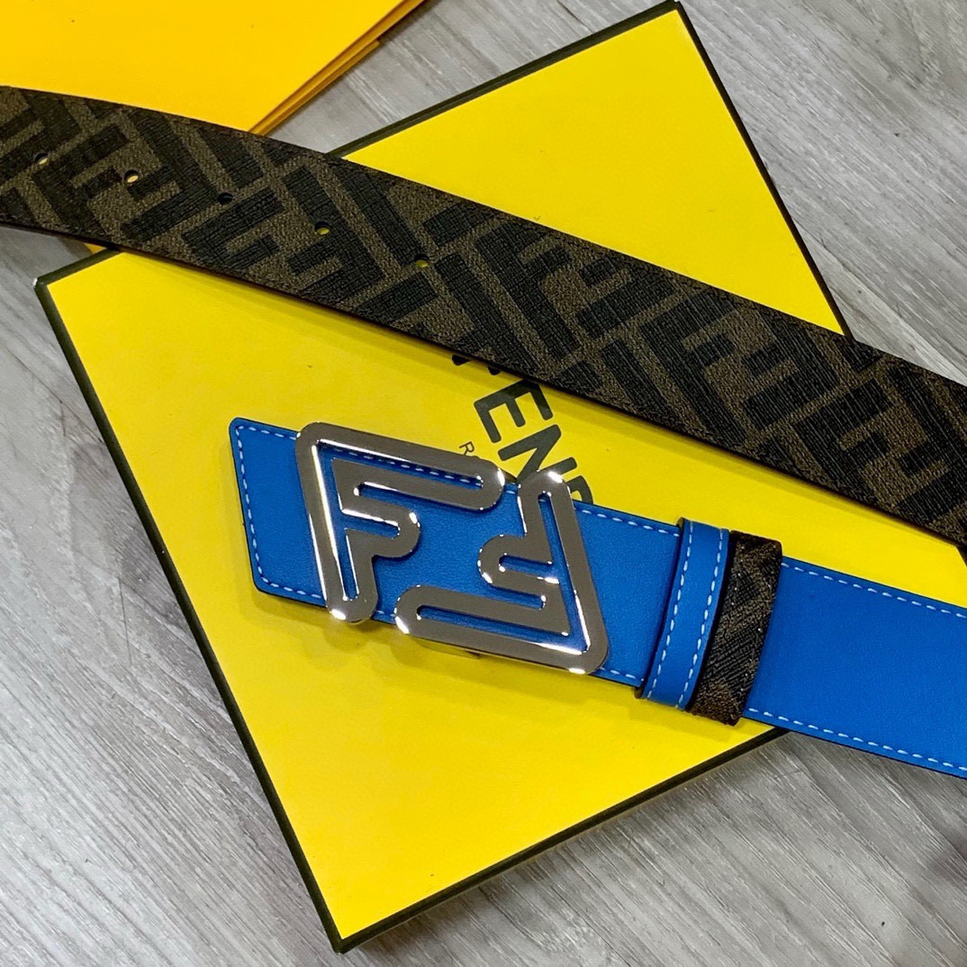FENDI Unisex Double Ring Front and Back Waistband FF Nail Buckle Double Color Cuoio Romano Leather Material Back Fabric with Tobacco Yellow and Black FF Pattern Black Enamel Metal Finish Fashion Classic Versatile Style Width 4.0cm