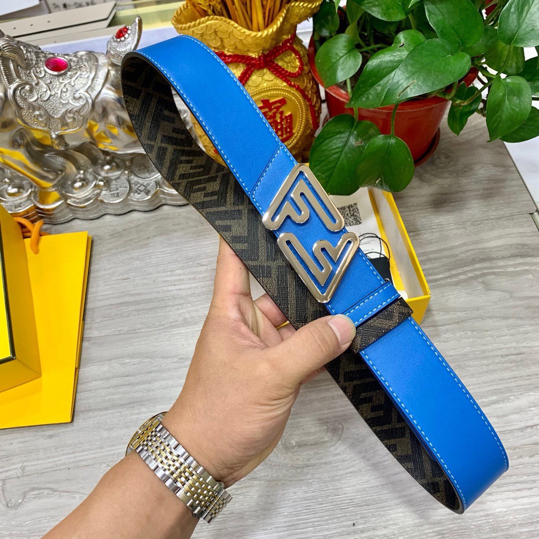 FENDI Unisex Double Ring Front and Back Waistband FF Nail Buckle Double Color Cuoio Romano Leather Material Back Fabric with Tobacco Yellow and Black FF Pattern Black Enamel Metal Finish Fashion Classic Versatile Style Width 4.0cm