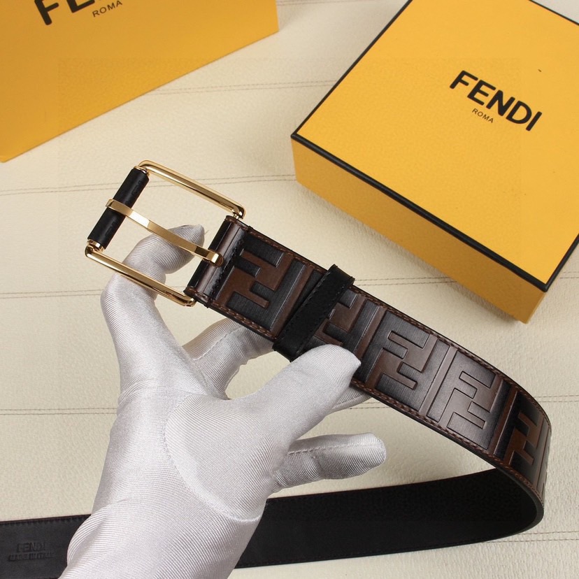 FENDI Designer Belt Men Belts Women Brand Belt Casual Double Sided Belt Width 40mm Logo Design Wide Belt Buckle Type Buckle Brown Calf Leather With Embossed Hand Drawn Black And Brown FF Patterns