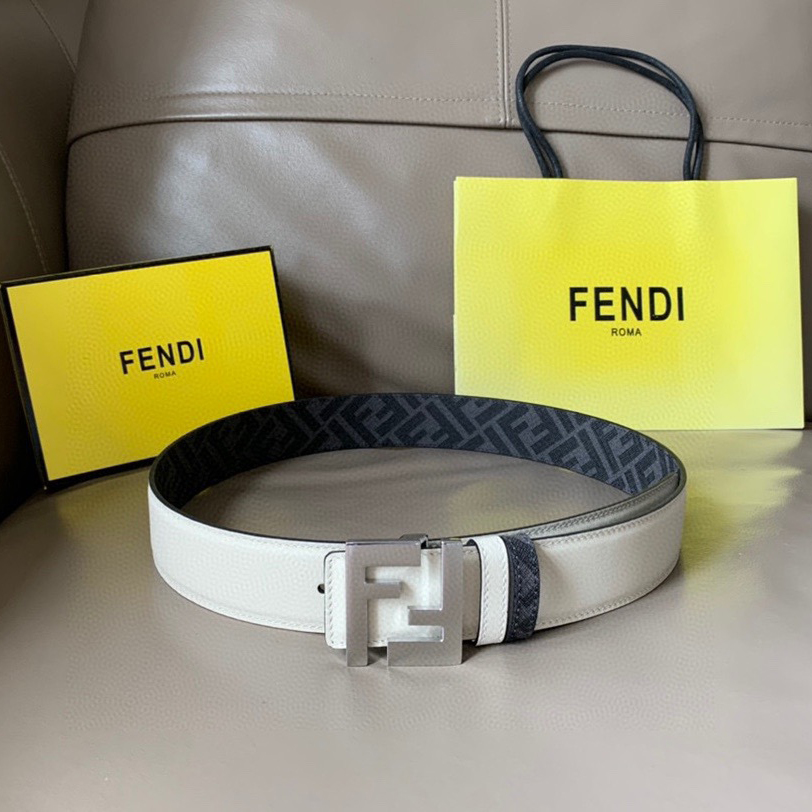 FENDI Unisex Casual Waist Belt Width 4.0cm With White Grain Cowhide Material On Both Sides Fabric Lining With Black And Gray Ff Patterns On The Back Silver Finish FF Metal Buckle