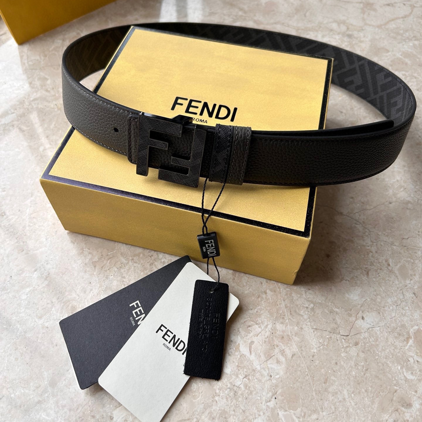 FENDI Men's Casual Double-Sided Belt Width 4.0cm Ff Nail Buckle Grey Cuoio Romano Cowhide Material Fabric Lining Decorated With Gray And Black Ff Patterns FF Fabric Covers Metal Parts
