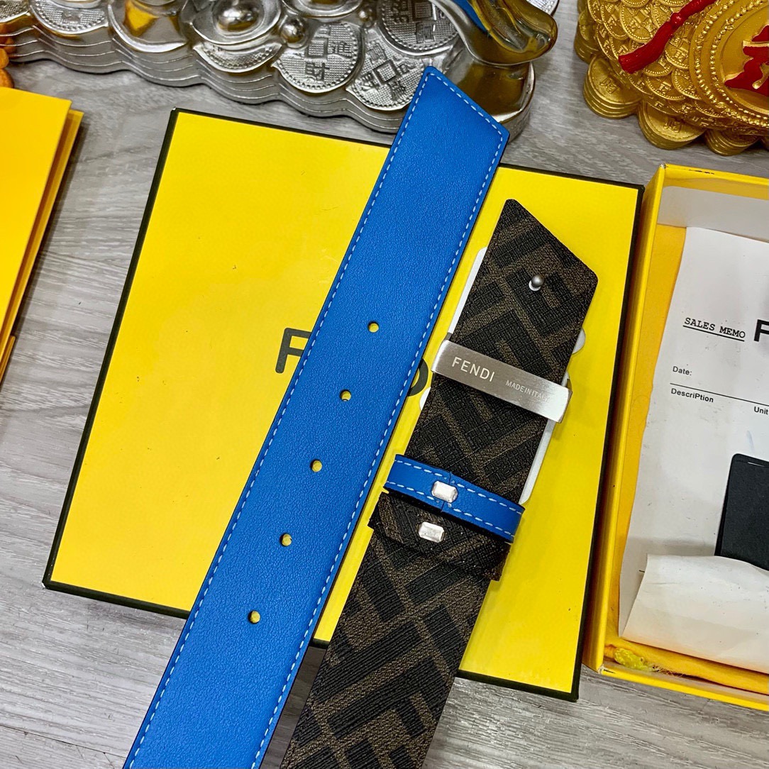 FENDI Unisex Double Ring Front and Back Waistband FF Nail Buckle Double Color Cuoio Romano Leather Material Back Fabric with Tobacco Yellow and Black FF Pattern Black Enamel Metal Finish Fashion Classic Versatile Style Width 4.0cm