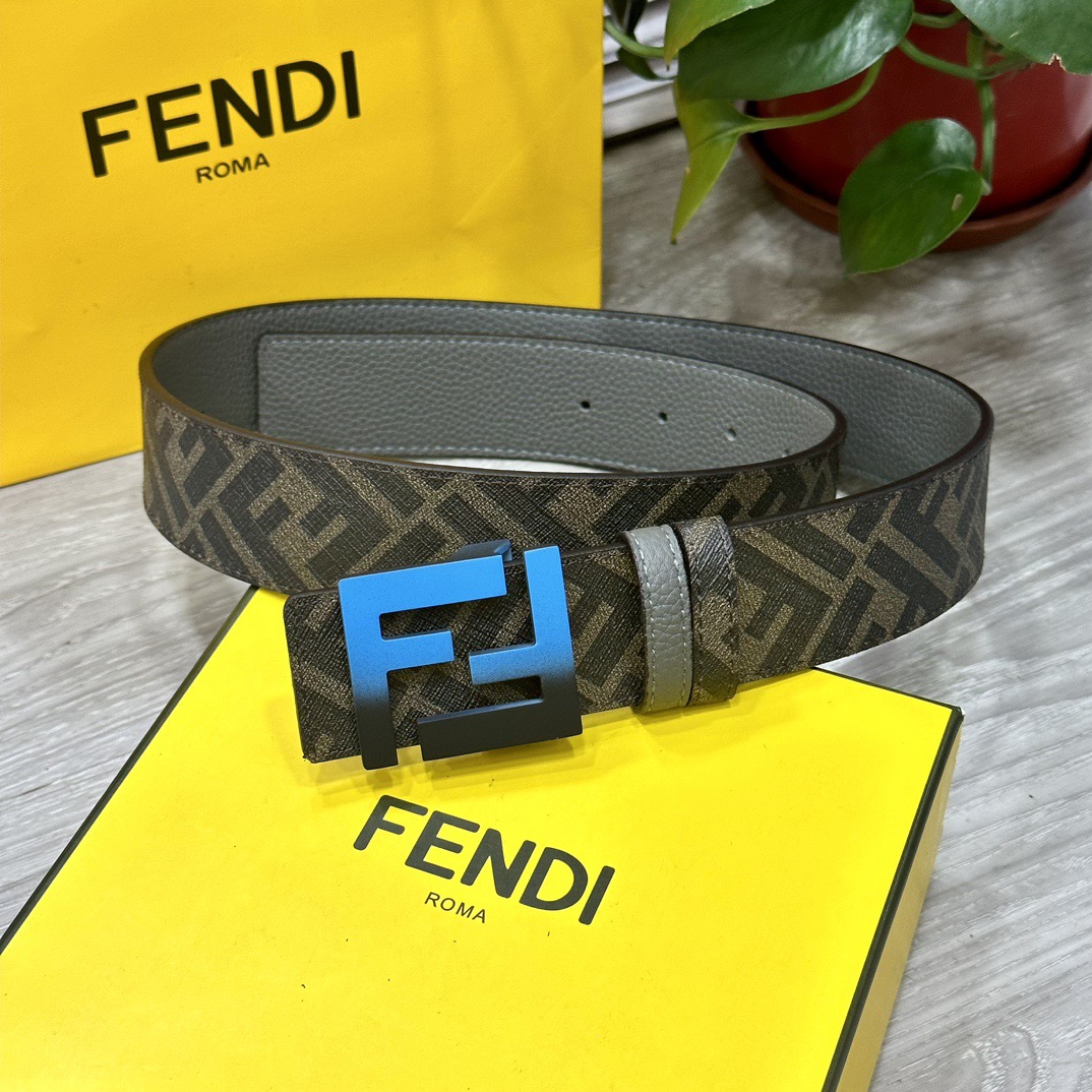 FENDI Designer Belt Men Belts Women's Brand Belt Double Loop Front and Back Belts FF Nail Buckle Grey Cuoio Romano Leather Material Back Fabric with Tobacco Yellow and Black FF Patterns Vacuum Plated Metal Finish Fashion Classic Versatile Style
