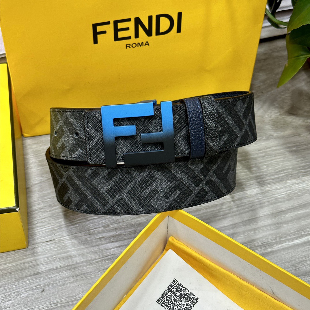 FENDI Designer Belt Men Belts Women's Brand Belt Double Loop Front and Back Belts FF Nail Buckle Grey Cuoio Romano Leather Material Back Fabric with Tobacco Yellow and Black FF Patterns Vacuum Plated Metal Finish Fashion Classic Versatile Style