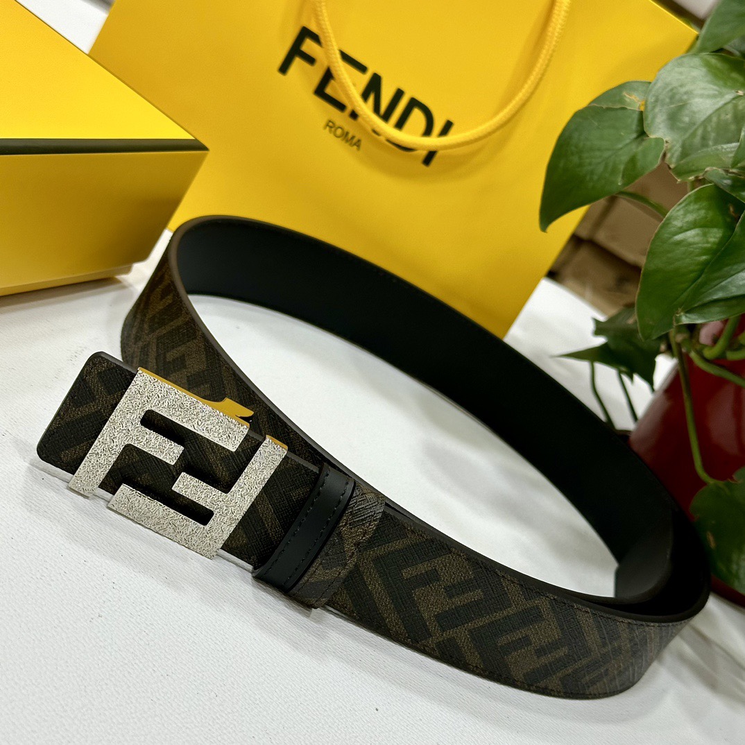 FENDI Designer Belt Men Belts Women Brand Belt Double Loop Front and Back Waist Belt FF Nail Buckle Black Cuoio Romano Leather Material Back Fabric with Tobacco Yellow and Black FF Pattern Black Enamel Metal Finish Versatile Width 4.0 CM And With Box