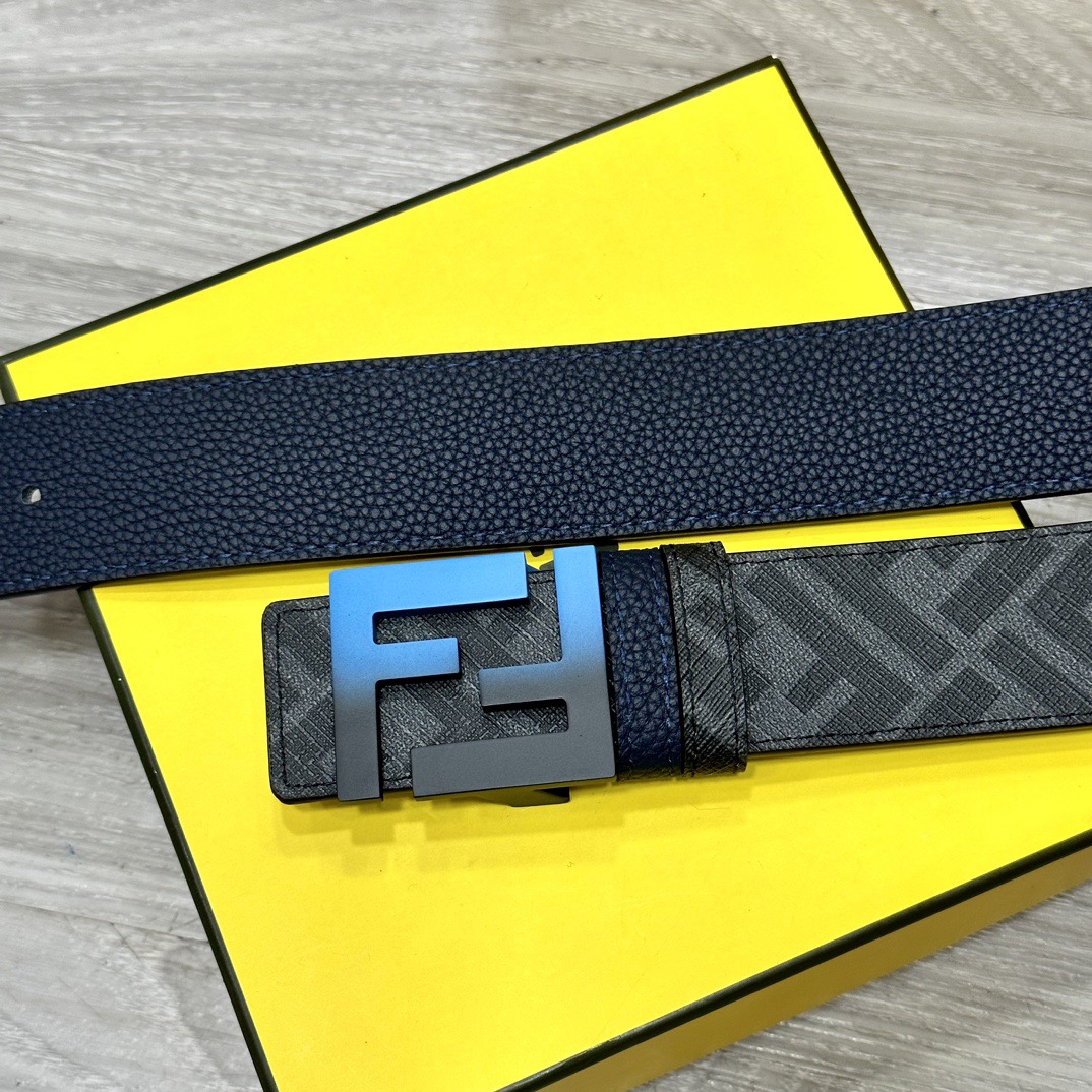 FENDI Designer Belt Men Belts Women's Brand Belt Double Loop Front and Back Belts FF Nail Buckle Grey Cuoio Romano Leather Material Back Fabric with Tobacco Yellow and Black FF Patterns Vacuum Plated Metal Finish Fashion Classic Versatile Style
