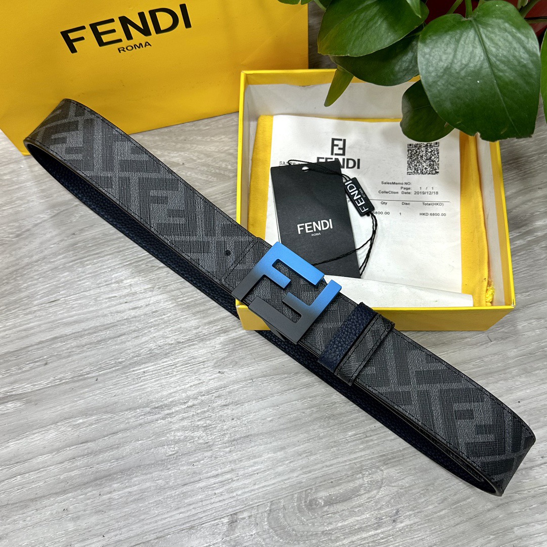FENDI Designer Belt Men Belts Women's Brand Belt Double Loop Front and Back Belts FF Nail Buckle Grey Cuoio Romano Leather Material Back Fabric with Tobacco Yellow and Black FF Patterns Vacuum Plated Metal Finish Fashion Classic Versatile Style