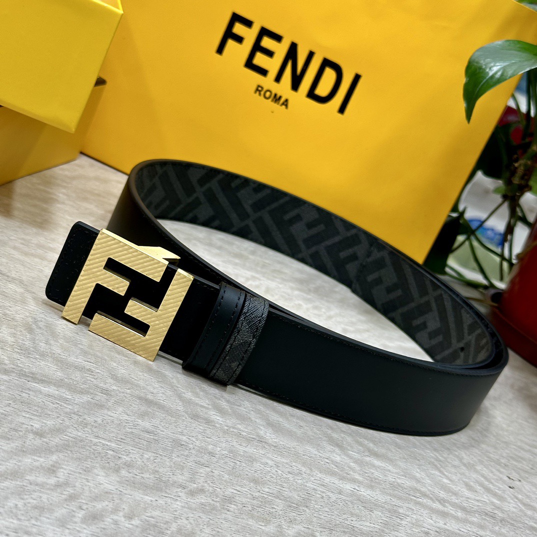 FENDI Designer Belt Men Belts Women Brand Belt Double Loop Front and Back Waist Belt FF Nail Buckle Black Cuoio Romano Leather Material Back Fabric with Tobacco Yellow and Black FF Pattern Black Enamel Metal Finish Versatile Width 4.0 CM And With Box