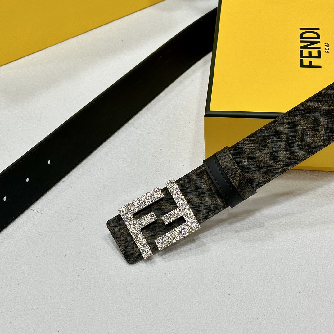 FENDI Designer Belt Men Belts Women Brand Belt Double Loop Front and Back Waist Belt FF Nail Buckle Black Cuoio Romano Leather Material Back Fabric with Tobacco Yellow and Black FF Pattern Black Enamel Metal Finish Versatile Width 4.0 CM And With Box
