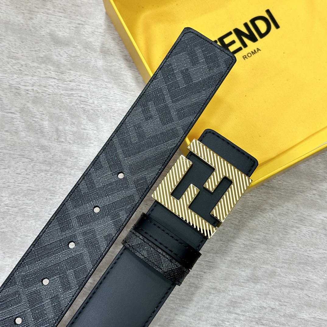 FENDI Designer Belt Men Belts Women Brand Belt Double Loop Front and Back Waist Belt FF Nail Buckle Black Cuoio Romano Leather Material Back Fabric with Tobacco Yellow and Black FF Pattern Black Enamel Metal Finish Versatile Width 4.0 CM And With Box