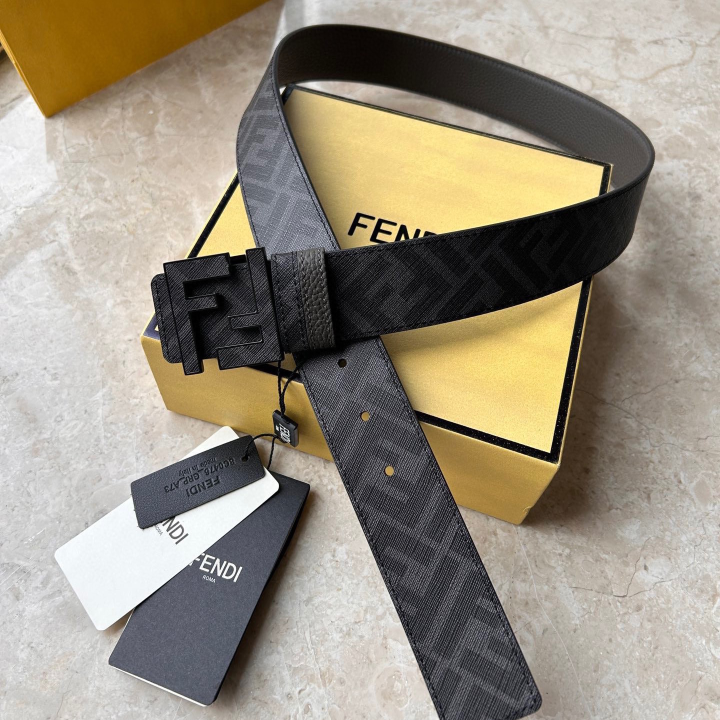 FENDI Men's Casual Double-Sided Belt Width 4.0cm Ff Nail Buckle Grey Cuoio Romano Cowhide Material Fabric Lining Decorated With Gray And Black Ff Patterns FF Fabric Covers Metal Parts