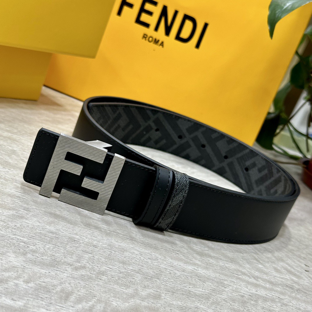 FENDI Designer Belt Men Belts Women Brand Belt Double Loop Front and Back Waist Belt FF Nail Buckle Black Cuoio Romano Leather Material Back Fabric with Tobacco Yellow and Black FF Pattern Black Enamel Metal Finish Versatile Width 4.0 CM And With Box