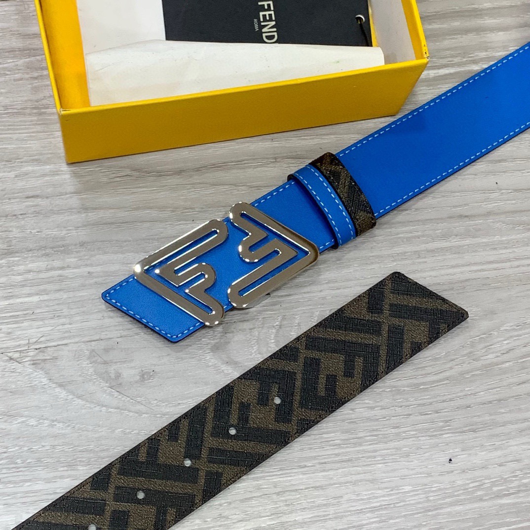 FENDI Unisex Double Ring Front and Back Waistband FF Nail Buckle Double Color Cuoio Romano Leather Material Back Fabric with Tobacco Yellow and Black FF Pattern Black Enamel Metal Finish Fashion Classic Versatile Style Width 4.0cm