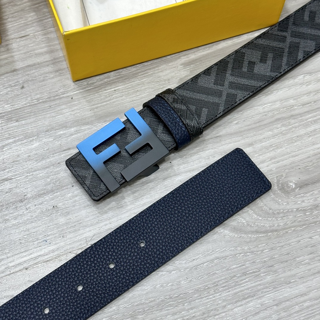 FENDI Designer Belt Men Belts Women's Brand Belt Double Loop Front and Back Belts FF Nail Buckle Grey Cuoio Romano Leather Material Back Fabric with Tobacco Yellow and Black FF Patterns Vacuum Plated Metal Finish Fashion Classic Versatile Style