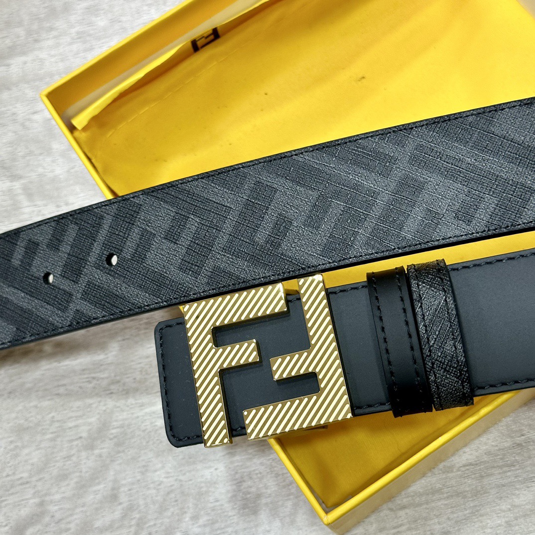 FENDI Designer Belt Men Belts Women Brand Belt Double Loop Front and Back Waist Belt FF Nail Buckle Black Cuoio Romano Leather Material Back Fabric with Tobacco Yellow and Black FF Pattern Black Enamel Metal Finish Versatile Width 4.0 CM And With Box