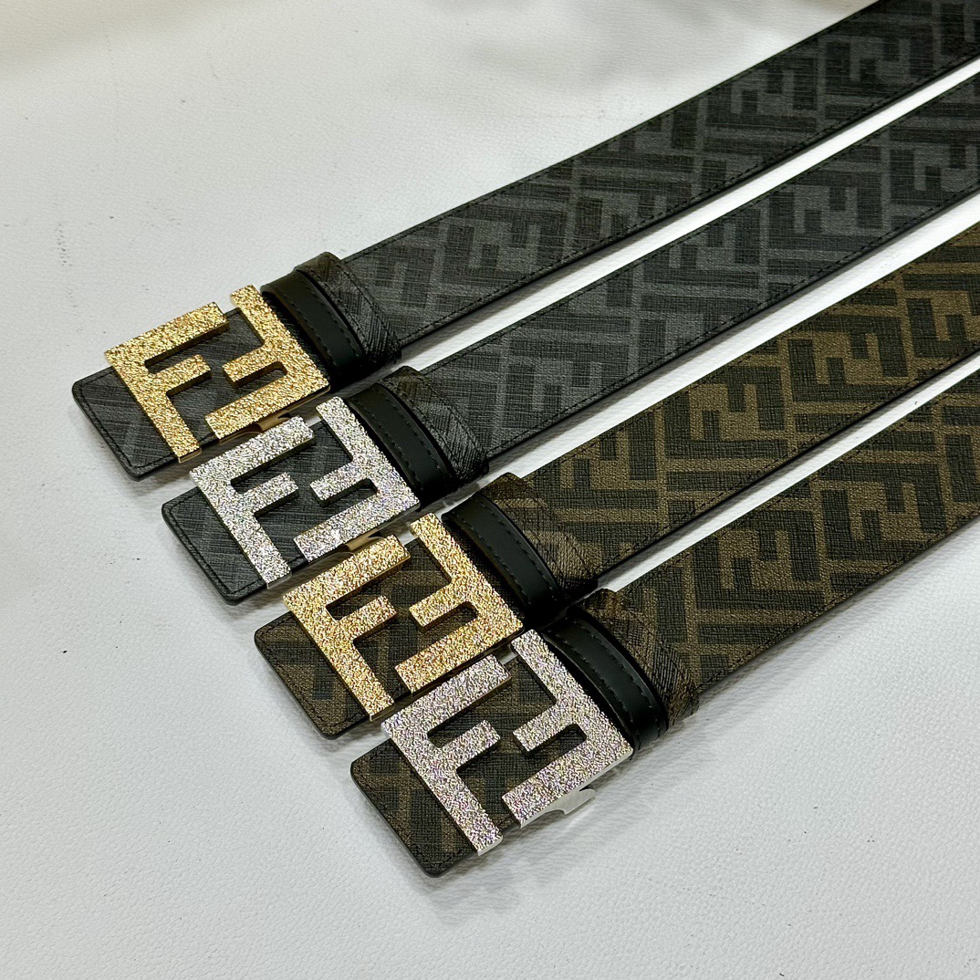 FENDI Designer Belt Men Belts Women Brand Belt Double Loop Front and Back Waist Belt FF Nail Buckle Black Cuoio Romano Leather Material Back Fabric with Tobacco Yellow and Black FF Pattern Black Enamel Metal Finish Versatile Width 4.0 CM And With Box