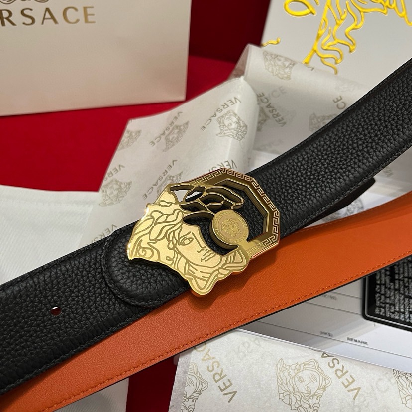 Versace Designer Belt Men Belts Women Brand Belt Double Sided Casual Belt Togo Lychee Leather Lined With Orange Calf Leather And A Beauty Head Steel Buckle Women And Men With A Width Of 4.0 Cm And With Box
