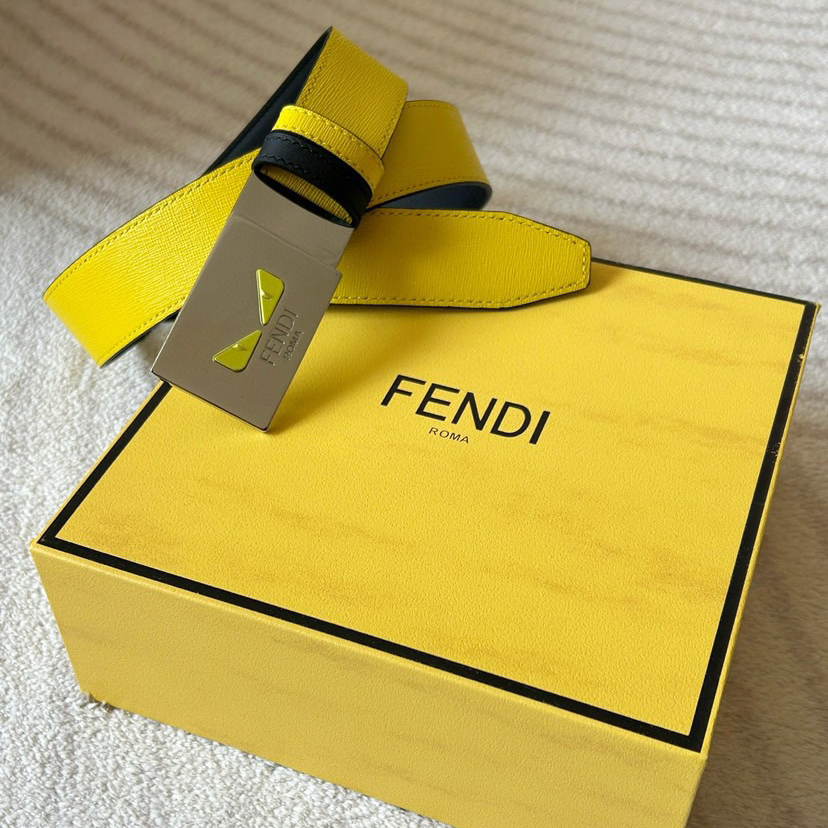 FENDI Designer Belt Men Belts Women Brand Belt Double Sided Casual Belt One Side Yellow Premium Cowhide One Side Black Smooth Cowhide Width 34mm Palladium Finish Rotating Buckle And Eyes