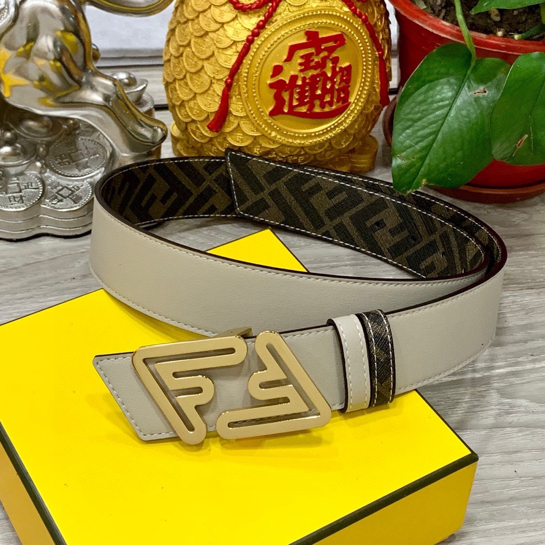 FENDI Unisex Double Ring Front and Back Waistband FF Nail Buckle Double Color Cuoio Romano Leather Material Back Fabric with Tobacco Yellow and Black FF Pattern Black Enamel Metal Finish Fashion Classic Versatile Style Width 4.0cm