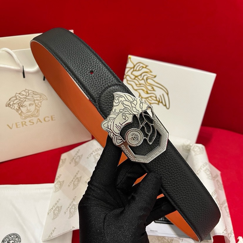 Versace Designer Belt Men Belts Women Brand Belt Double Sided Casual Belt Togo Lychee Leather Lined With Orange Calf Leather And A Beauty Head Steel Buckle Women And Men With A Width Of 4.0 Cm And With Box