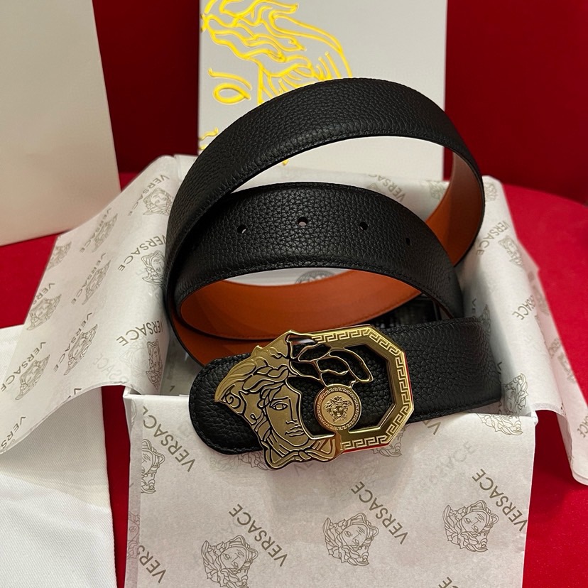 Versace Designer Belt Men Belts Women Brand Belt Double Sided Casual Belt Togo Lychee Leather Lined With Orange Calf Leather And A Beauty Head Steel Buckle Women And Men With A Width Of 4.0 Cm And With Box