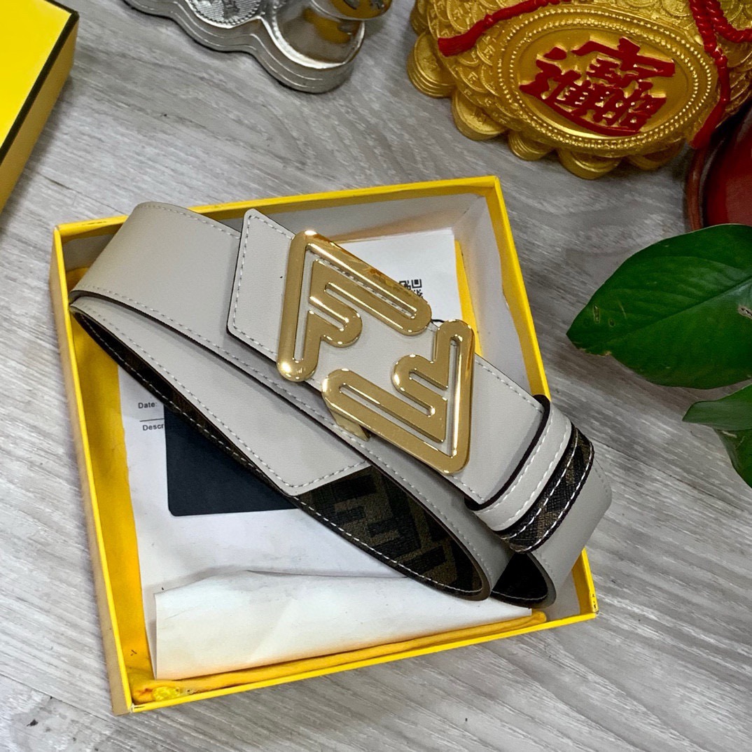 FENDI Unisex Double Ring Front and Back Waistband FF Nail Buckle Double Color Cuoio Romano Leather Material Back Fabric with Tobacco Yellow and Black FF Pattern Black Enamel Metal Finish Fashion Classic Versatile Style Width 4.0cm