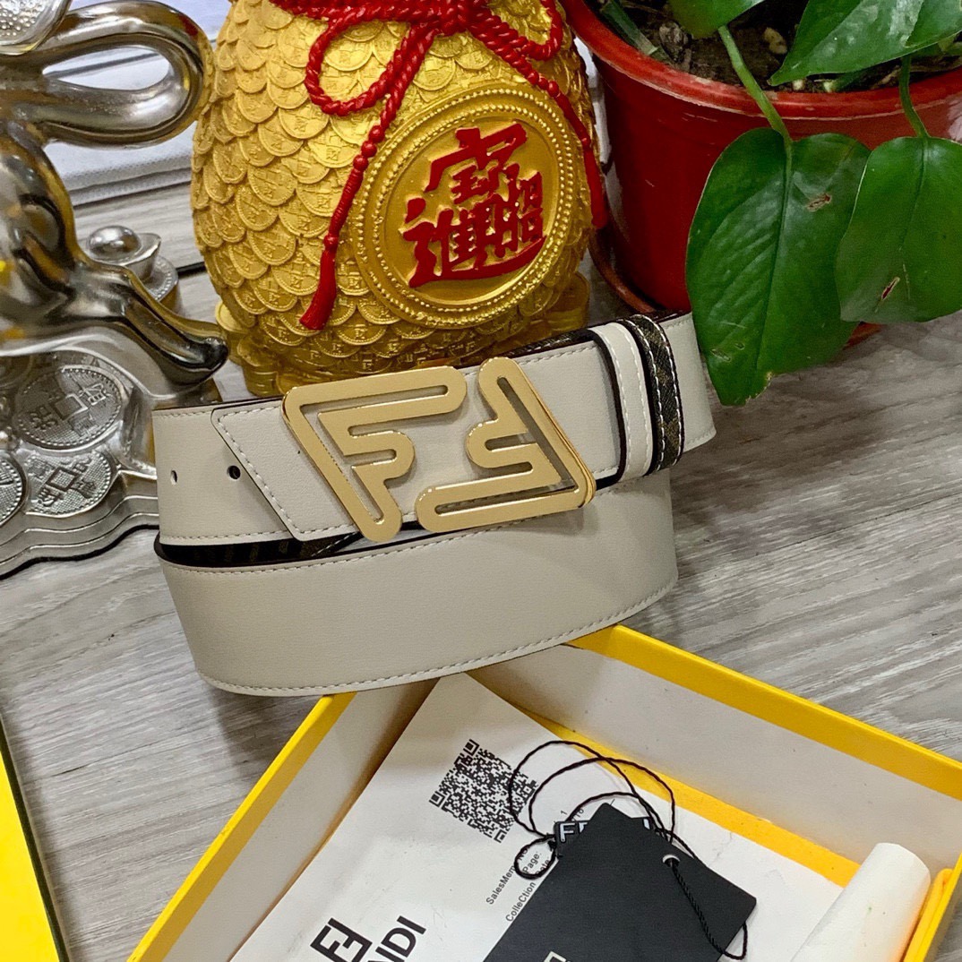 FENDI Unisex Double Ring Front and Back Waistband FF Nail Buckle Double Color Cuoio Romano Leather Material Back Fabric with Tobacco Yellow and Black FF Pattern Black Enamel Metal Finish Fashion Classic Versatile Style Width 4.0cm