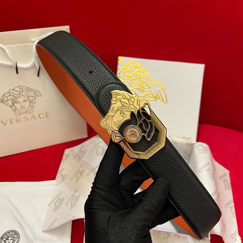 Versace Designer Belt Men Belts Women Brand Belt Double Sided Casual Belt Togo Lychee Leather Lined With Orange Calf Leather And A Beauty Head Steel Buckle Women And Men With A Width Of 4.0 Cm And With Box