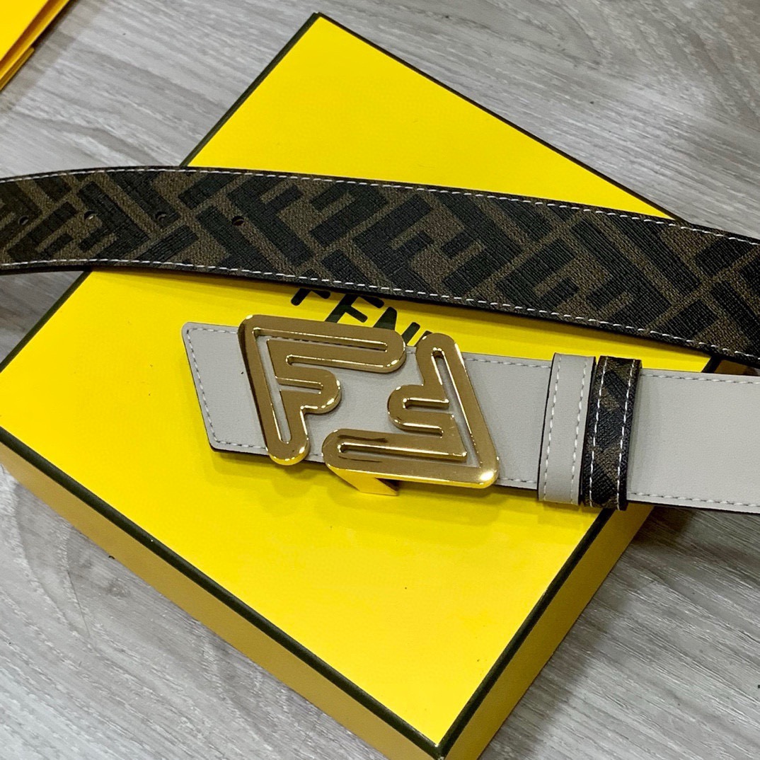 FENDI Unisex Double Ring Front and Back Waistband FF Nail Buckle Double Color Cuoio Romano Leather Material Back Fabric with Tobacco Yellow and Black FF Pattern Black Enamel Metal Finish Fashion Classic Versatile Style Width 4.0cm