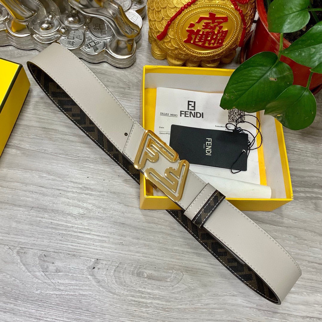 FENDI Unisex Double Ring Front and Back Waistband FF Nail Buckle Double Color Cuoio Romano Leather Material Back Fabric with Tobacco Yellow and Black FF Pattern Black Enamel Metal Finish Fashion Classic Versatile Style Width 4.0cm