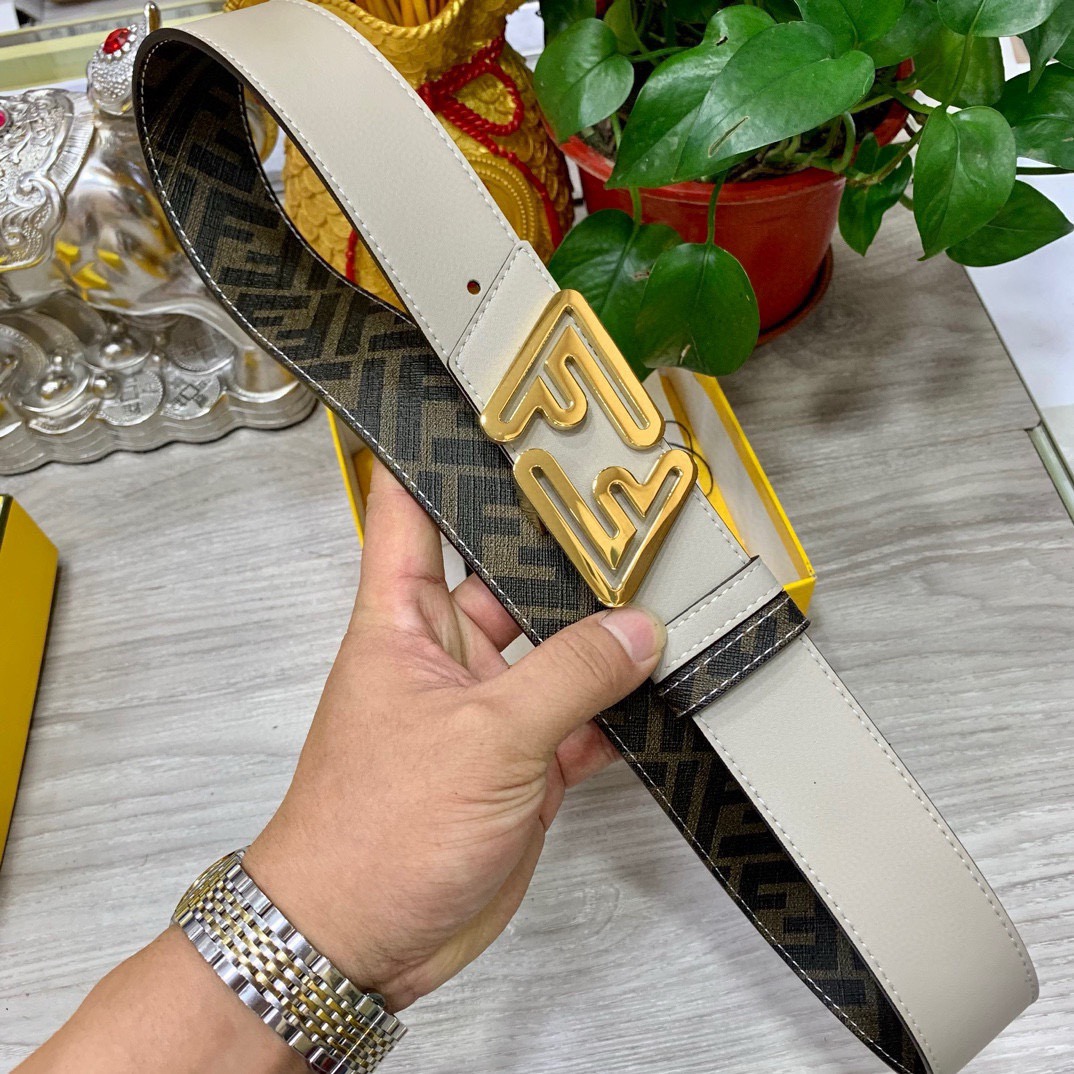 FENDI Unisex Double Ring Front and Back Waistband FF Nail Buckle Double Color Cuoio Romano Leather Material Back Fabric with Tobacco Yellow and Black FF Pattern Black Enamel Metal Finish Fashion Classic Versatile Style Width 4.0cm