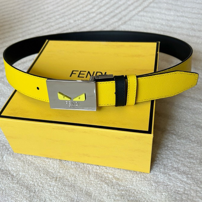 FENDI Designer Belt Men Belts Women Brand Belt Double Sided Casual Belt One Side Yellow Premium Cowhide One Side Black Smooth Cowhide Width 34mm Palladium Finish Rotating Buckle And Eyes